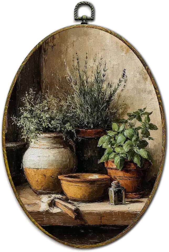 XFCICRLJ Vintage Kitchen Wall Art Decor, Rustic Farmhouse Oval Canvas Prints Framed, Cottagecore Countryside Botanical Wall Art Decorations for Kitchen Dining Room Decor, 11x8.5 Inch