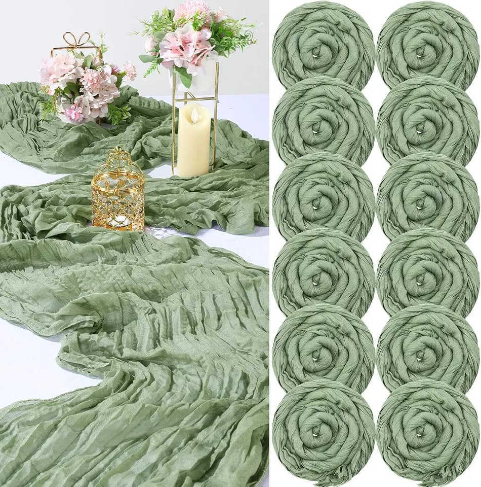 Buryeah 12 Pcs Cheesecloth Table Runner Boho,Sage Green,28 X 120 Inch