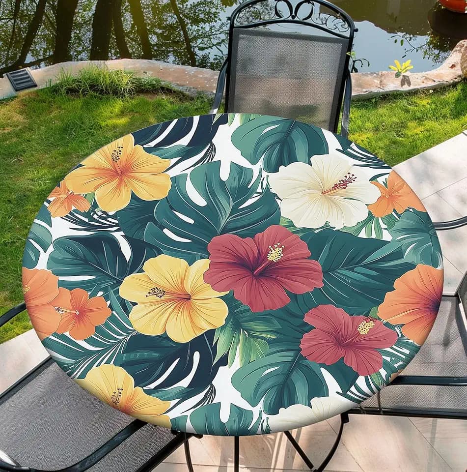 Round Table Cover for Round Tables 36"-70", Fitted Tablecloth with Elastic for Indoor Outdoor Party Holiday, 48inch, Palm and Flower