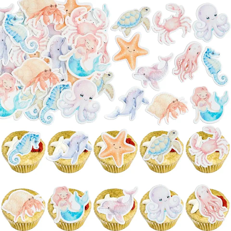 Gyufise 60Pcs Edible Mermaid Cupcake Toppers Octopus Seahorse Turtles Cupcake Picks Edible Under the Sea Party Decorations for Ocean Animal Theme Baby Shower Birthday Party Cake Decoration Supplies