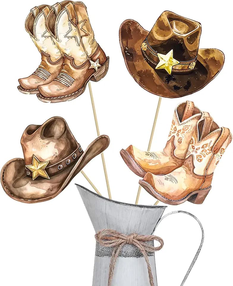 16pcs Western Cowboy Boots and Hat Theme Centerpiece Sticks, Little Cowboy Birthday Party Decorations for Table Centerpieces First Rodeo Birthday Party Supplies