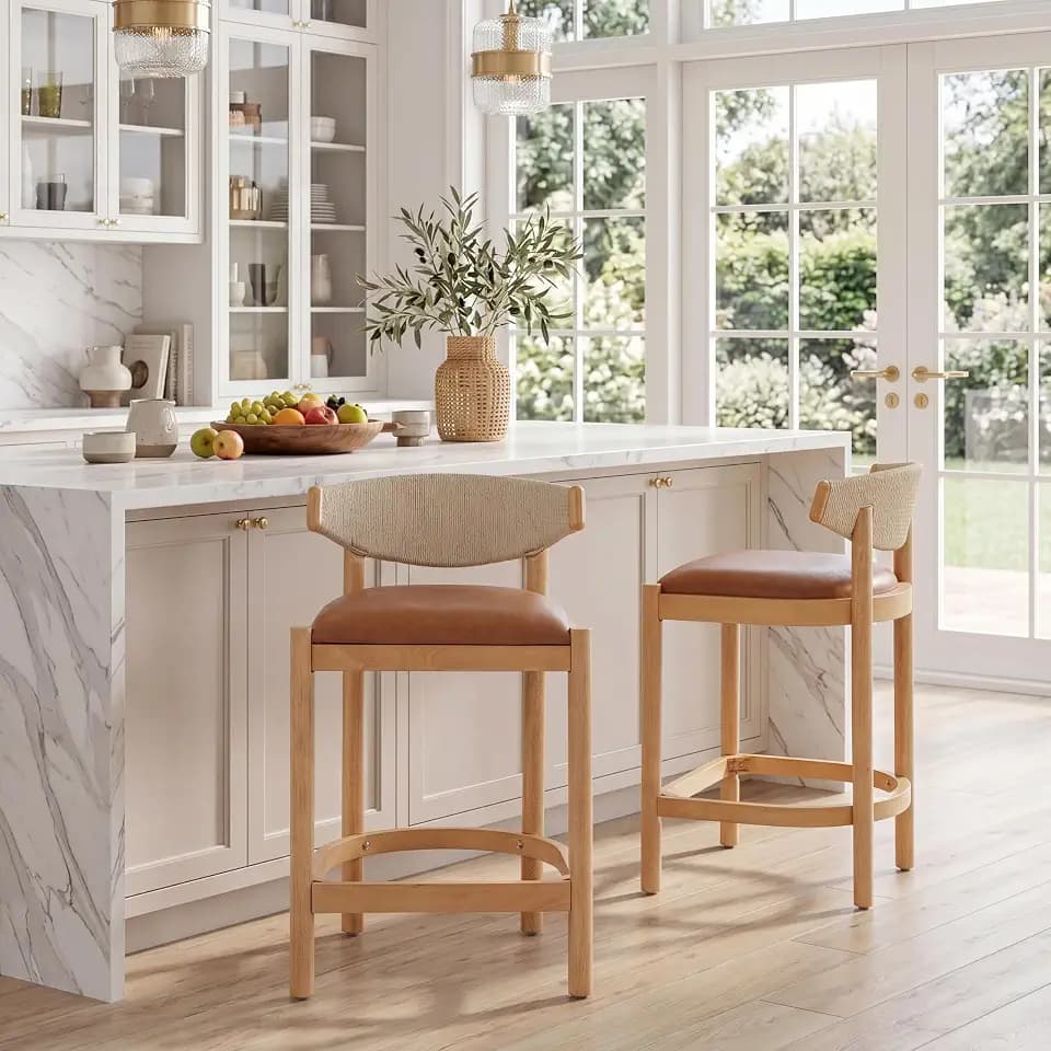 Christopher Knight Home Alma Counter Height Bar Stools Set of 2, Faux Leather Upholstered Bar Stools With Footrest, Rubberwood Counter Stools With Curved Woven Rope Backrest, Natural+Brown+Light Beige