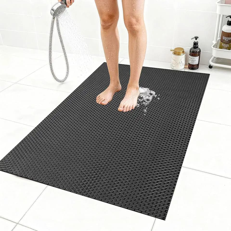 Extra Large Non-Slip Shower Mat, Fast-Dry PVC Bath Stall & Tub Mat, Drain-Hole Design,for Shower Stall Tub for Elderly/Kids,Non Slip Bathroom Safety Accessory,Black 32"x47"