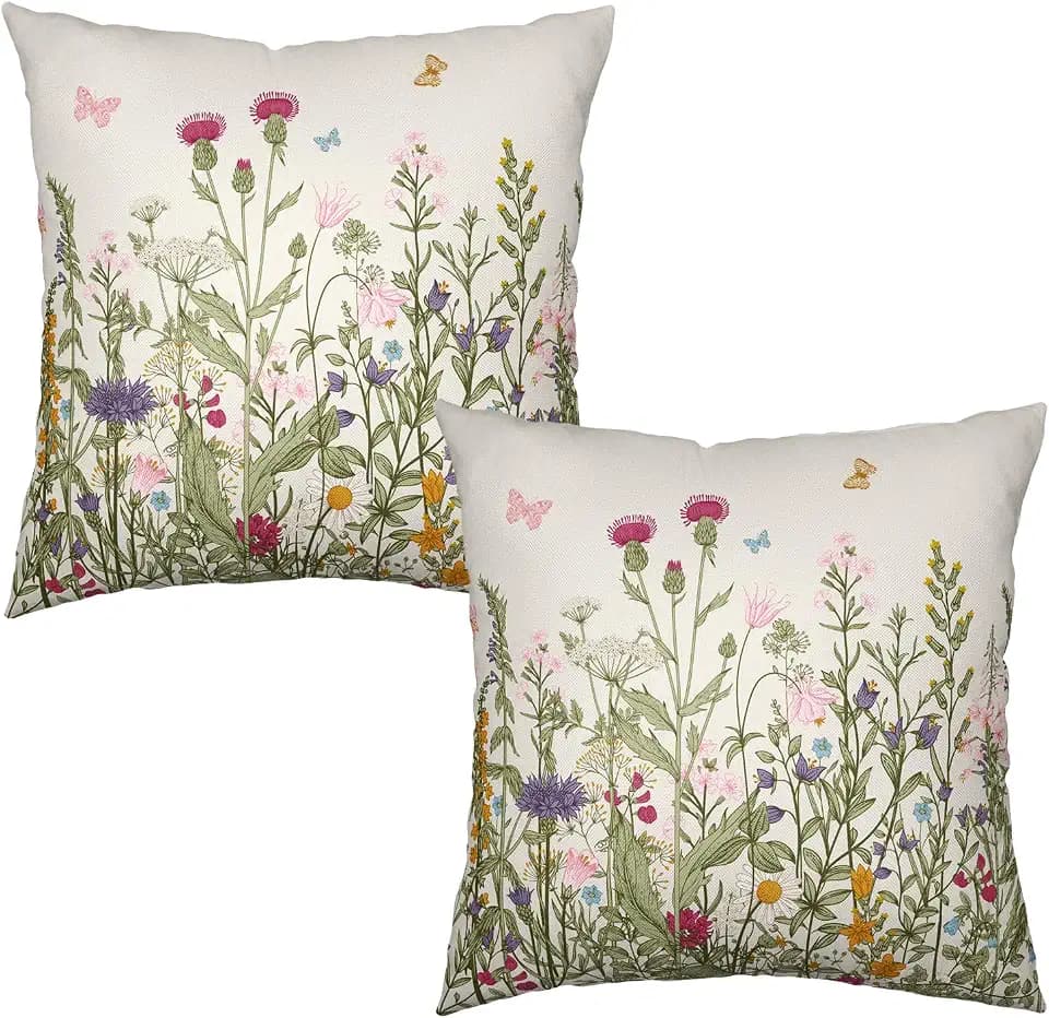 Spring Vintage Floral Pillow Covers 16x16 Set of 2 Sage Green Wildflower Plant Outdoor Throw Pillows Case Summer Rustic Wild Flowers Botanical Print Pillowcase for Farmhouse Sofa Couch Bed Decor