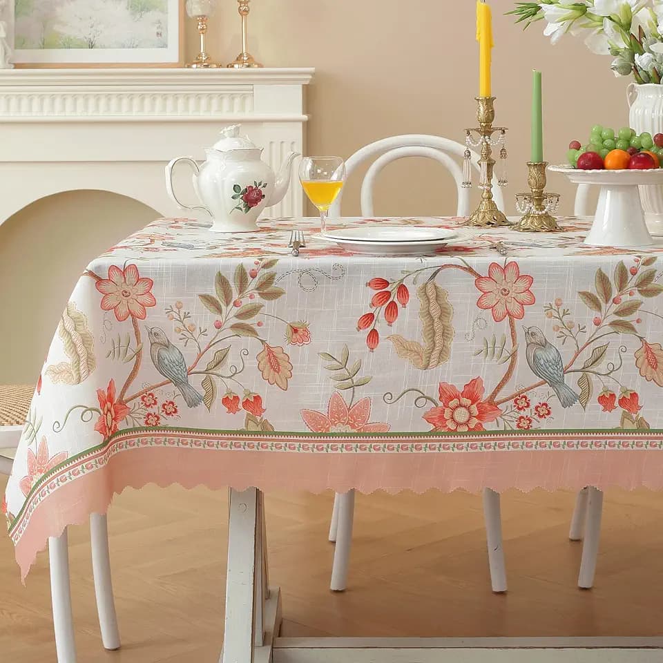 Rectangle Waterproof Tablecloth Linen Textured Table Cloth,Stain and Wrinkle Resistant Washable Fabric Table Cover for Dining, Party, Camping and Outdoor, 60 x 104 Inch, Pink Garden