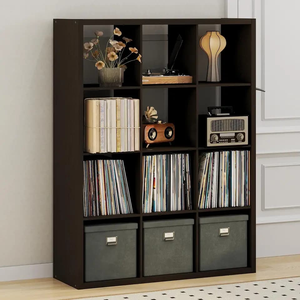 Furinno Cubicle Record Player Stand, 12-Cube Record Storage, Dark Oak