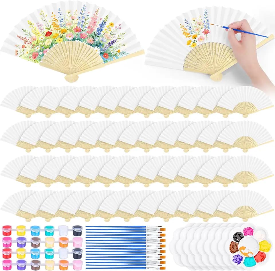 Aneco 96 Piece 24 Sets Blank Paper Fans with Acrylic Paint Brush Decorative Painting Fan DIY Crafts Natural White Folding Hand Fans Bulk for Wedding Outdoor Party Favors Home Gift Photography Props