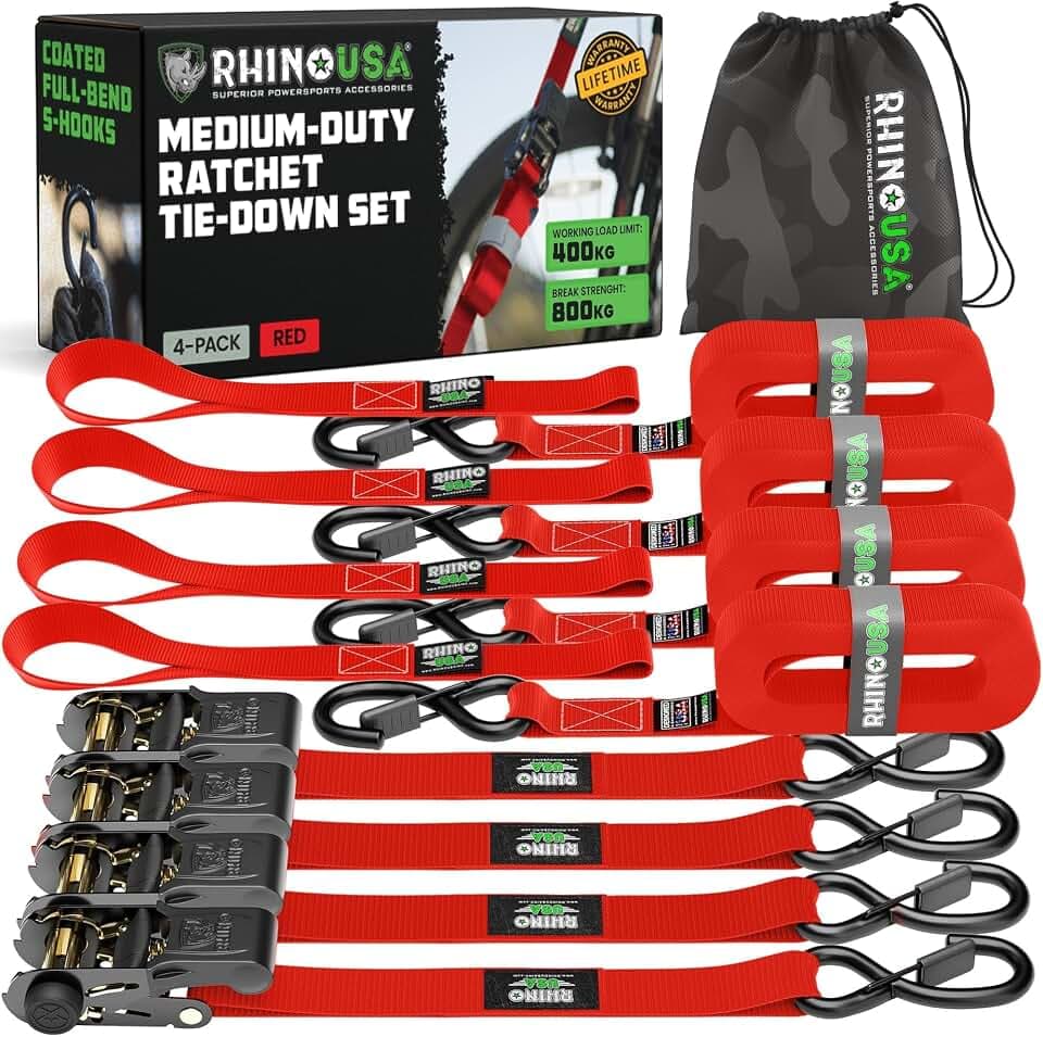 Rhino USA Spanngurte mit Ratsche (4er-Set) 2,5cm x 4,6m - 800kg Zurrgurte