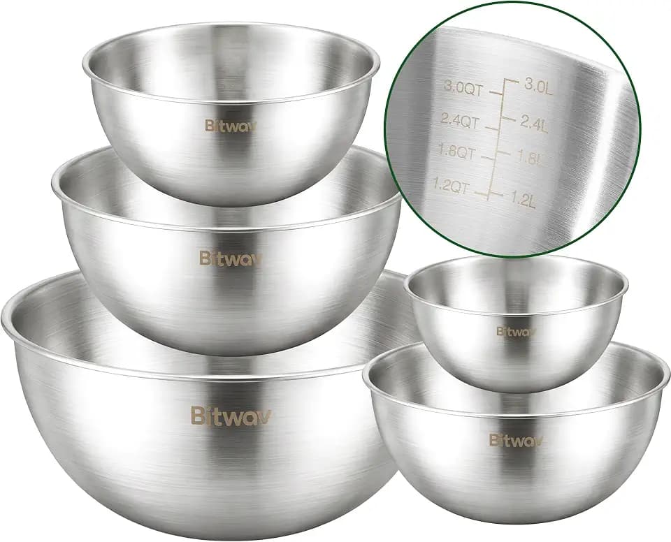 304 Stainless Steel Mixing Bowls Set of 5, 1.1/1.6/1.9/2.5/3.5 QT Food Grade Metal Bowls with Measurement Marks, Dishwasher Safe & Stackable Nesting for Baking, Salads, Meal Prep, RV & Camping