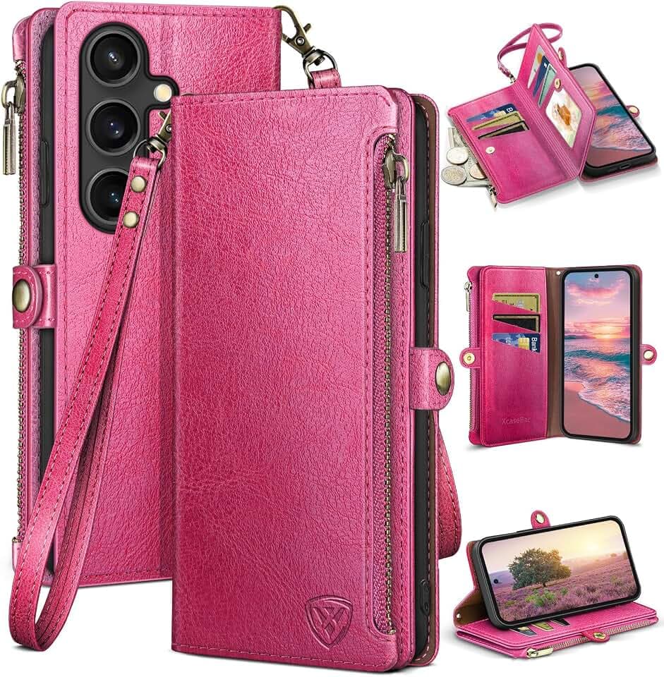 XcaseBar Compatible with Samsung Galaxy S25 Plus Wallet case with Zipper Credit Card Holder【RFID Blocking】,Flip Folio Book PU Leather Phone case Shockproof Cover Women Men for S25 Plus case Rose Red