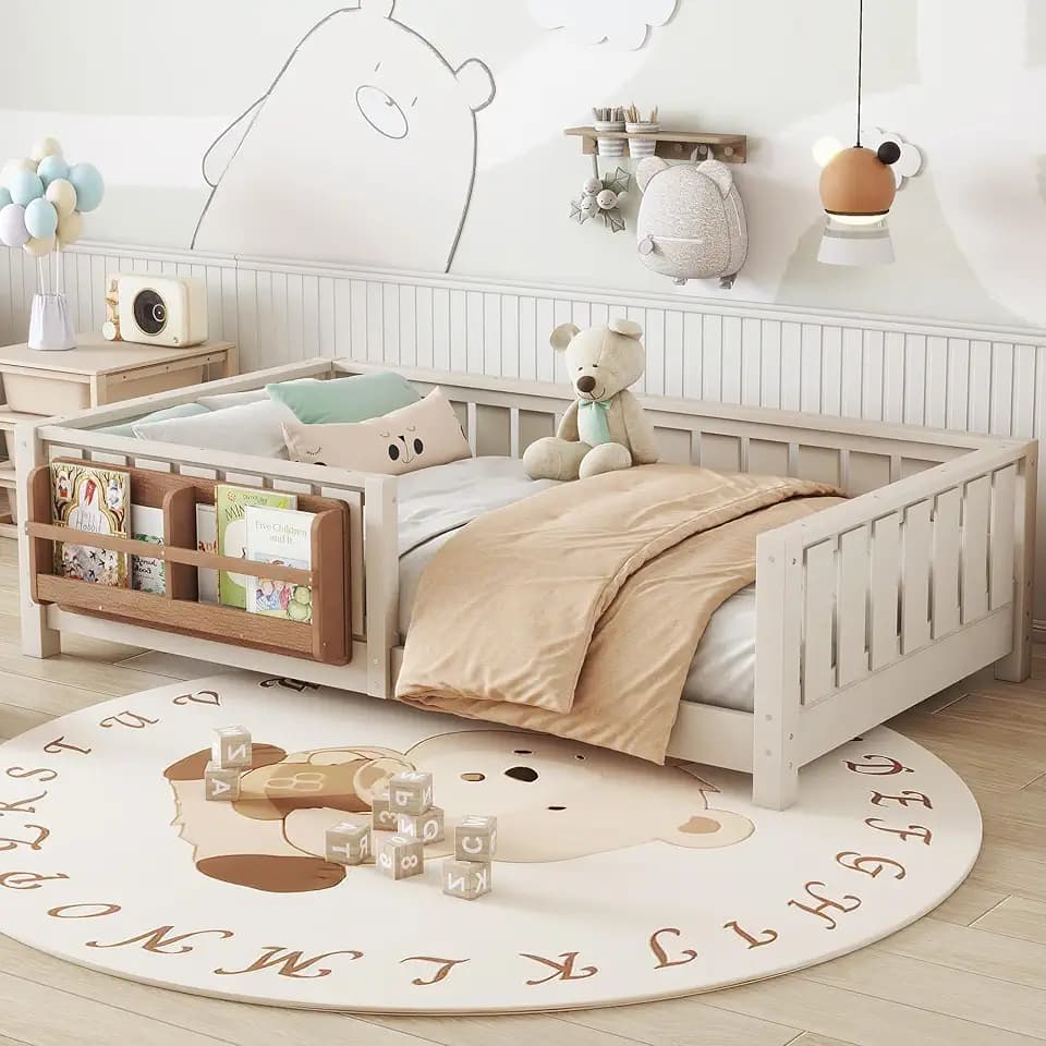 Bellemave Twin Size Kids Montessori Bed with Bookshelf,Solid Wood Twin Floor Bed Frame with Fence and Slats for Girls Boys,Low-Profile,Beige