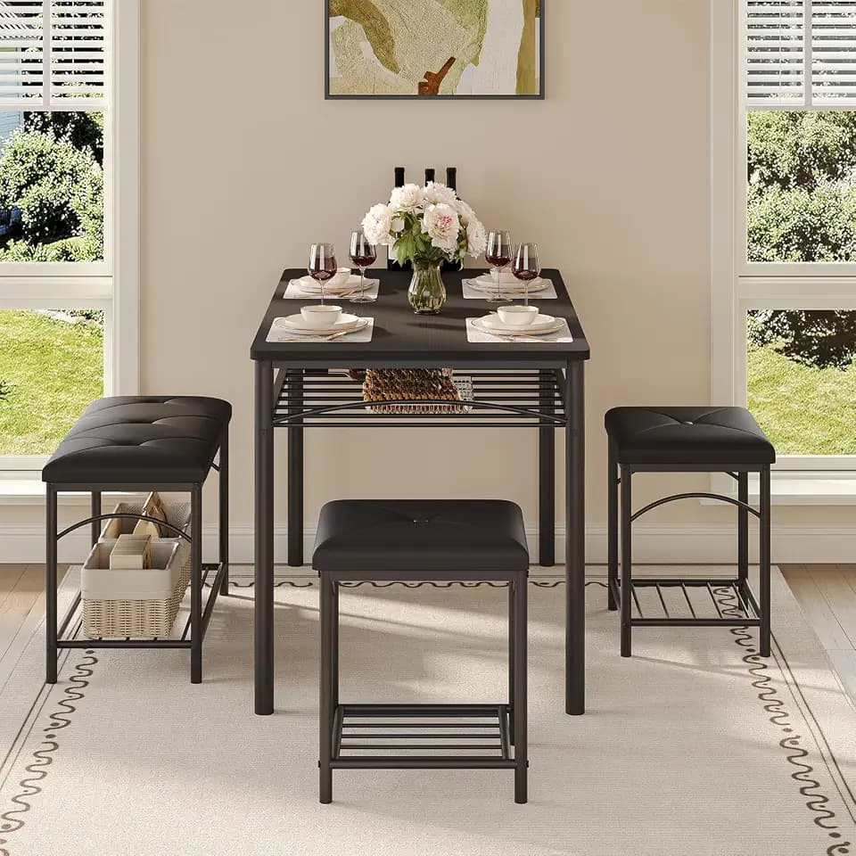 GarveeHome Dining Table Set for 4 with Upholstered Benches and 2 Stools, Modern Space Saving Kitchen Breakfast Table, Ideal for Small Kitchens, Apartments, Studios, and Compact Living Spaces