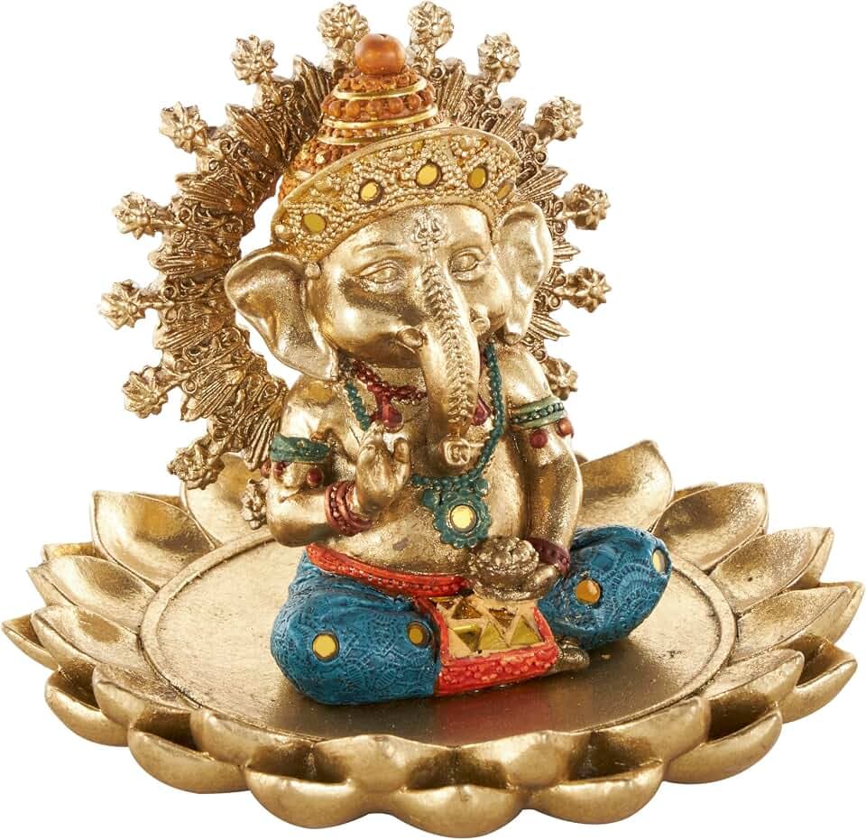 Deco 79 Resin Ganesh Decorative Sculpture Home Decor Statue with Lotus Plate and Colorful Dresswear, Accent Figurine 7" x 7" x 5", Gold