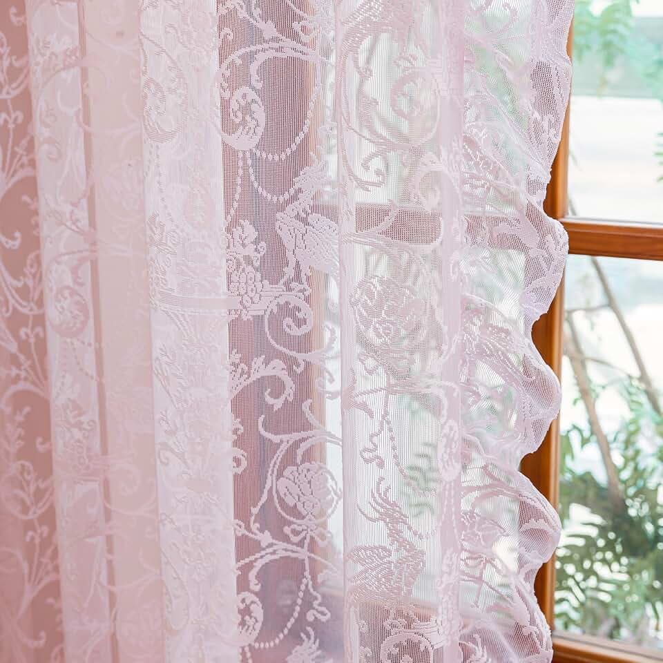 TUDECO Pink Lace Curtains 84 Inch Long, Romantic Ruffle Edges, 2 Panels
