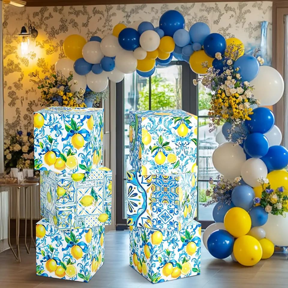 Hushee 6 Pcs Large Capri Lemon Party Decorations Boxes, 12 Inch Amalfi Coast Cardboard Box Party Decor for Birthday Wedding