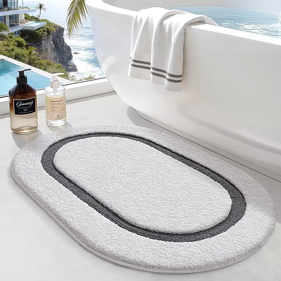 LUMI Oval Bathroom Rug, Absorbent Non Slip Bath Mat, White Grey, 20"x32"