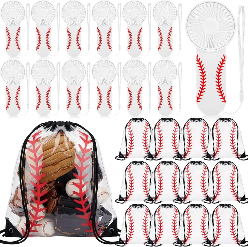 Glooglitter 24 Pcs Baseball Team Gifts Set Mini Handheld Fan Clear Drawstring Backpack Sports Accessories for Ball Lover Player Team Gift Sport Party Favors, Battery Not Include