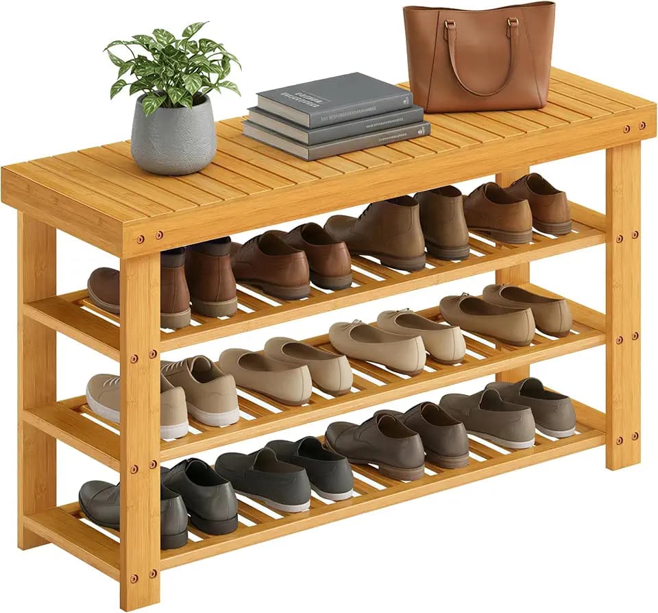 SONGMICS Shoe Rack Bench, 4 Tier Bamboo, 11.3 x 35.2 x 20.5 Inches