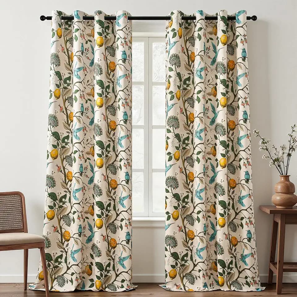 Topfinel Floral Curtains 90 Inches Long 2 Panels Unique Natural Beige Luxury Elegant Colorful Euro Flower Hummingbird Patterned Rustic Vintage Grommet Drapes for Classroom Room Office Closet 52x90