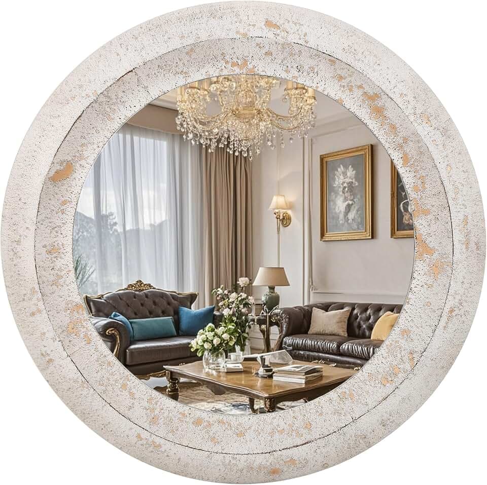 Round Substantial Beveled Hand Hammered Metal Frame In Rustic White, Modern And Traditional, Farmhouse, Cottage, for Bathroom Bedroom Living Room Home Office Entryway (Rustic White, 30"x30")