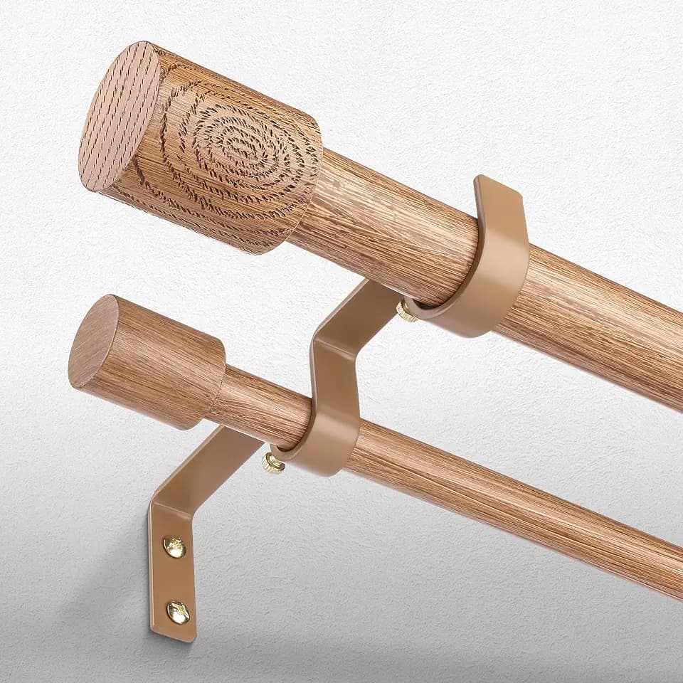 Wood Double Curtain Rod 36-122 Inch, Boho Decorative Dual Rod