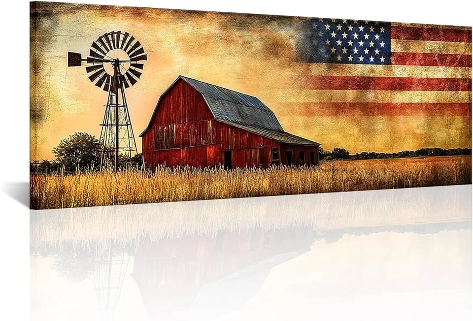 Canvbay Vintage American Farmhouse Wall Art Decor Red Barn and Windmill with US Flag Pictures Prints on Canvas Rustic Country Landscape Painting for Office Home Decorations 20x55inch