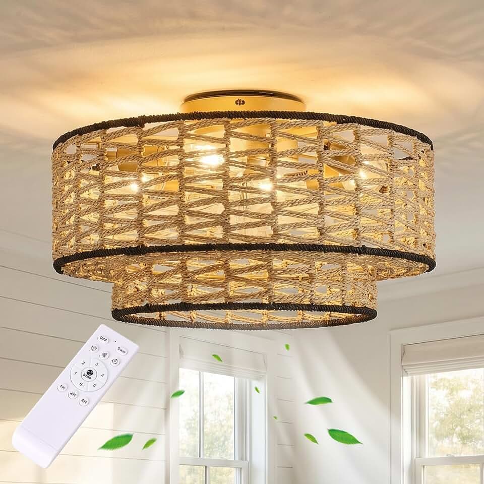 20" Boho Rattan Ceiling Fan Light, Remote Control Flush Mount