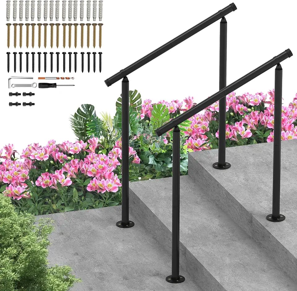 Hand Rails for Outdoor Steps,2 Pack Adjustable Handrail Railing Kit for Indoor Stairs (2-3 Steps),Easy One-Step Assembly Metal Hand Rails for Outdoor Step, Porch, Deck, and Concrete