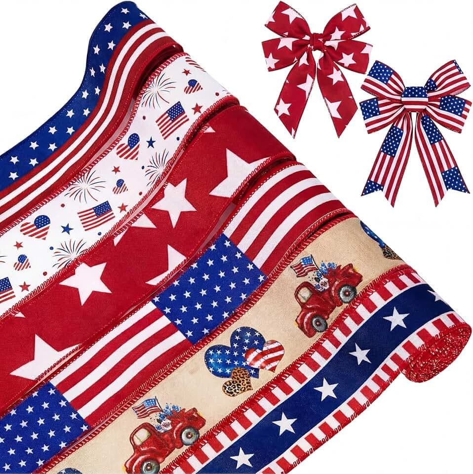 Tigeen 6 Rolls 30 Yards Patriotic Wired Ribbons Edge White Red Blue 2 Inch