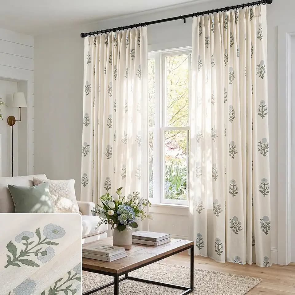 Floral Pinch Pleated Linen Curtains 96 Inch Long 2 Panel Set, Blue Green Grand Millenial Coastal Farmhouse Light Filtering Pleat Drape, Indian Block Print Patterned Sheer Panel for Living Room Bedroom