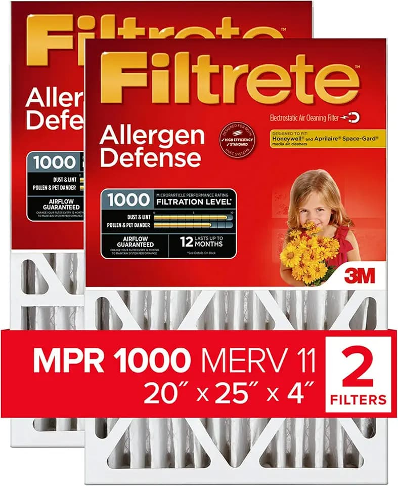 Filtrete 20x25x4 Air Filter MERV 11, MPR 1000 Micro Allergen Defense 2-Pack, Fits Honeywell & AprilAire, AC Furnace HVAC Filters for Home, Pleated Electrostatic (Actual Size 19.88 x 24.63 x 4.31 in)