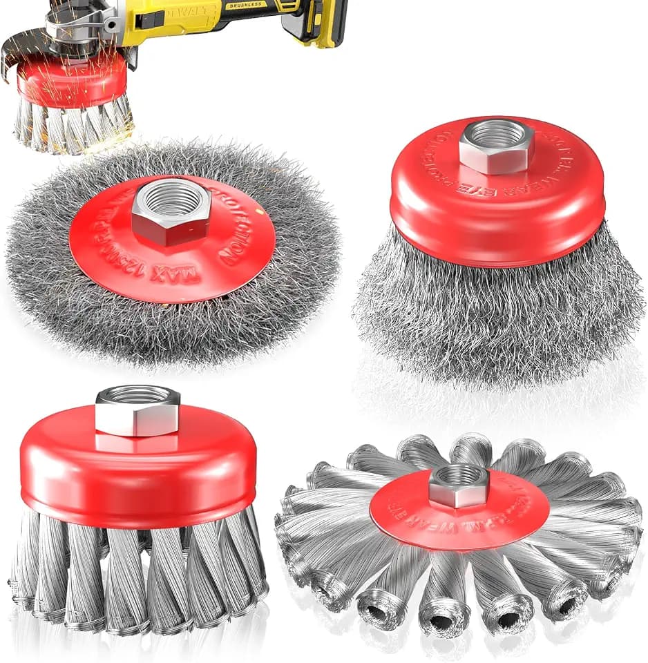 BURMONG 4 PCS Wire Wheel Brush for 4-1/2" Angle Grinder, Carbon Steel Knotted & Crimped Cup/Wheel Brushes (3" & 4"), Heavy Duty Rust, Paint, Corrosion Removal, 5/8"-11 UNC Threaded Arbor