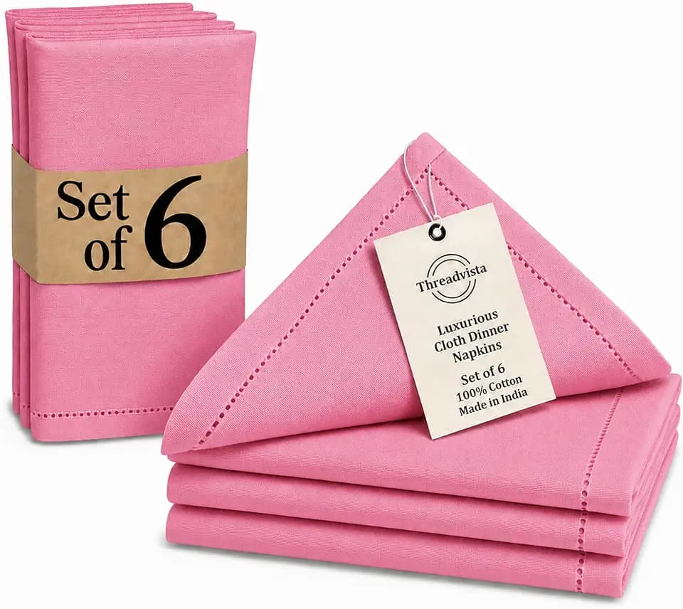 Pink Hemstitch 100% Cotton Dinner Napkins,Set of 6,18x18