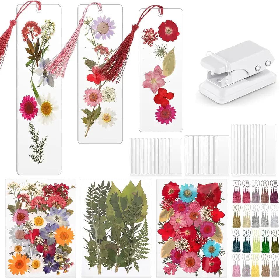 Fuyoooo 176 Pcs Pressed Flower Bookmark Kit,Rainbow Colors,3 Size