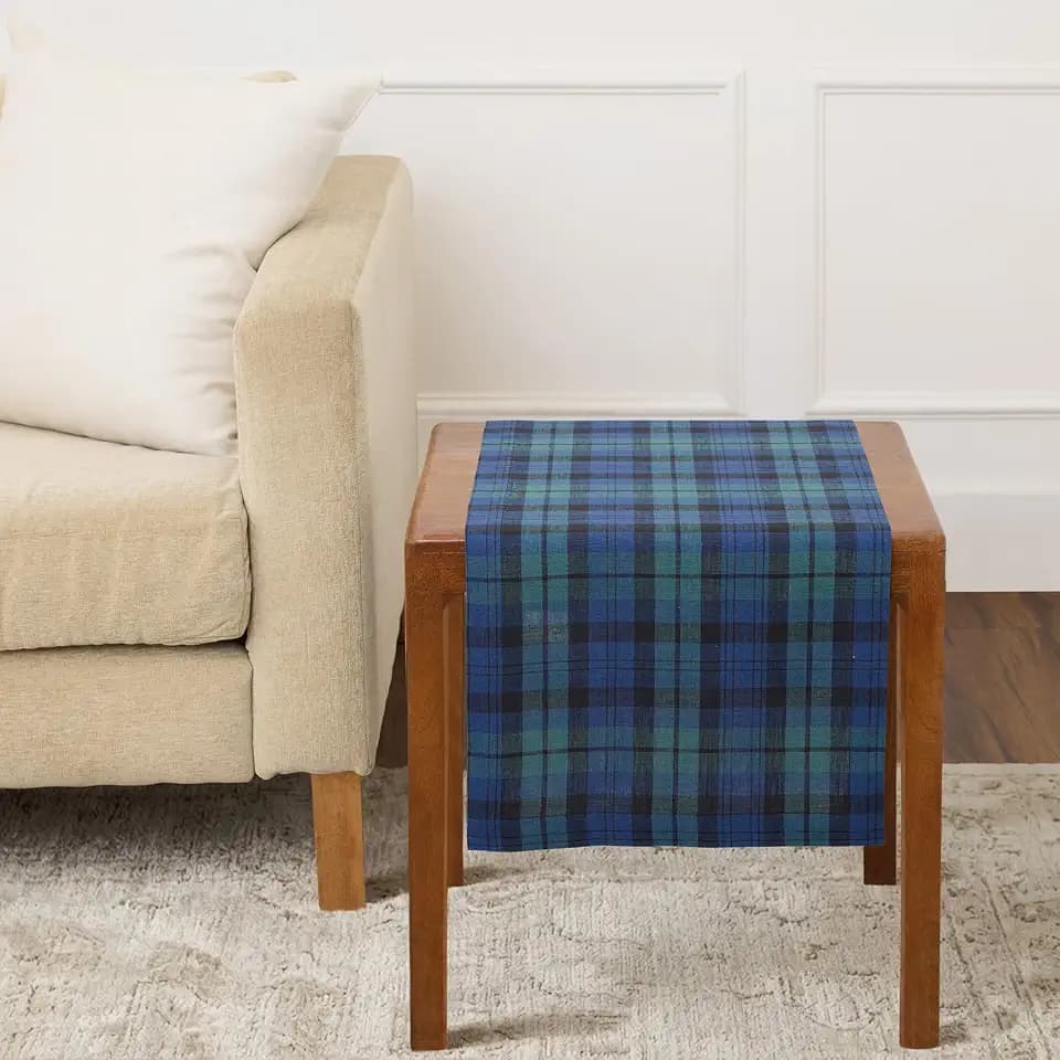 Solino Home 100% Pure Linen Table Runner, 14 x 36 in, Blue and Green Plaid