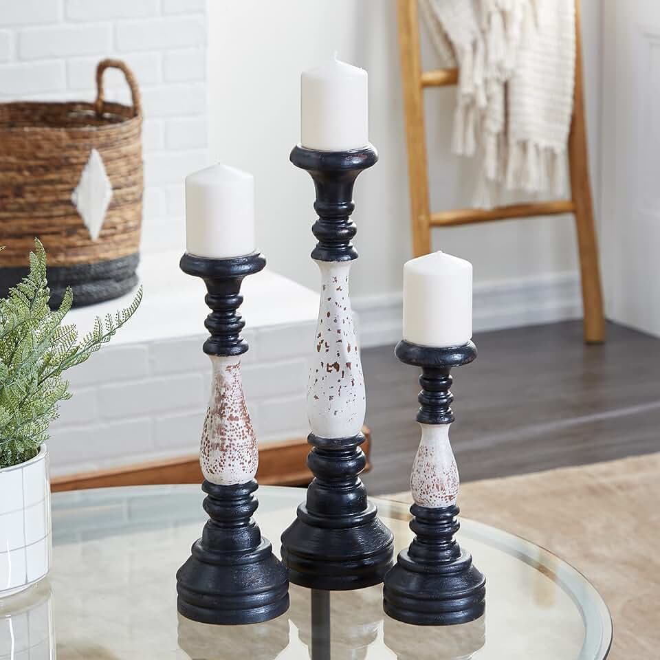 Deco 79 Wood Solid Candle Holder, Set of 3 16", 13", 20"H, Black