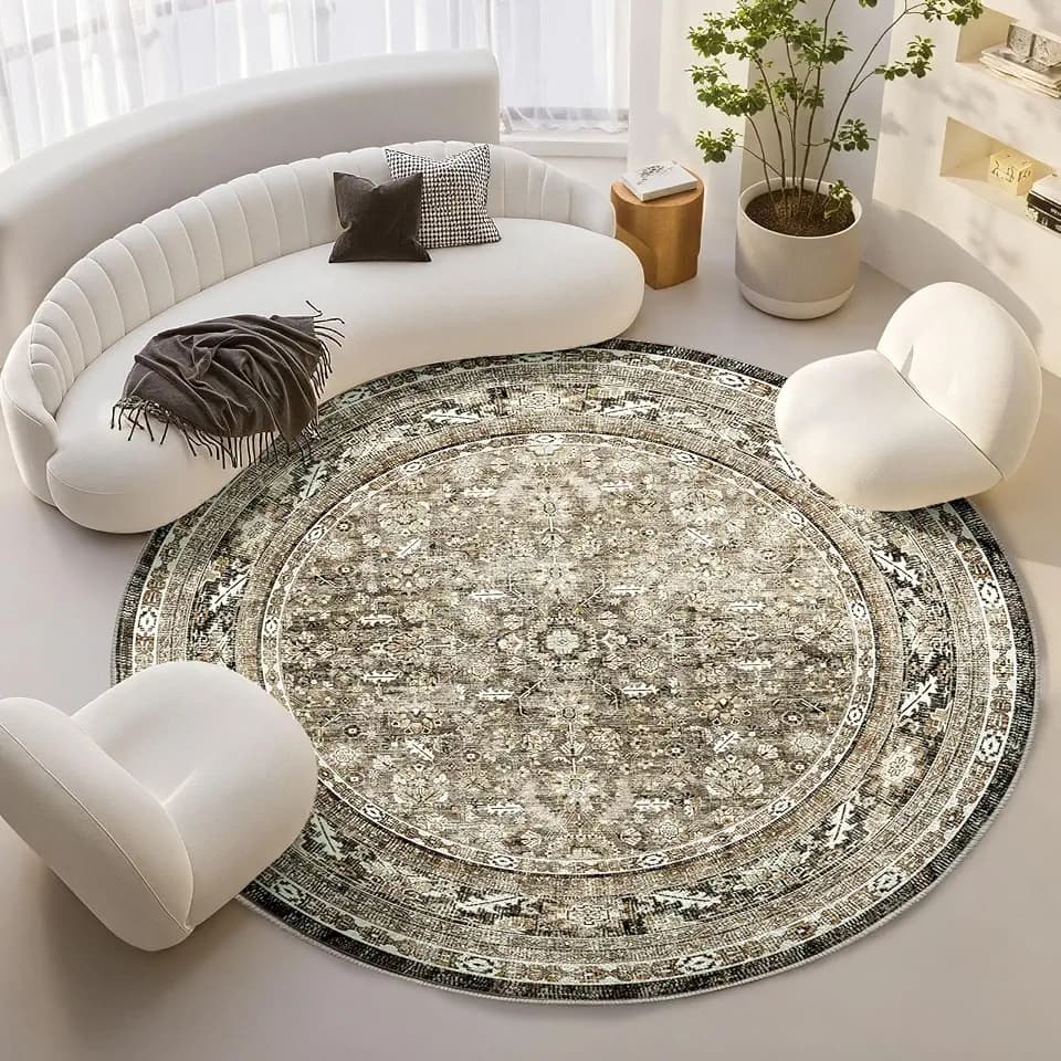 OPPODREAM Vintage Brown Area Rugs 8' Round, Washable Rug for Living Room