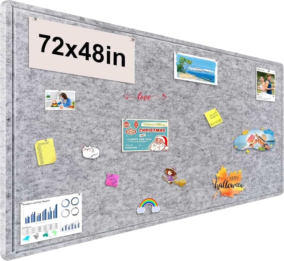 Large Bulletin Board, 72x48 Inches Cork Board Alternative, Large Felt Board Decorative Pin Board for Wall, Foldable Photo Board Self-Adhesive Vision Board with 36 Pushpins Light Gray