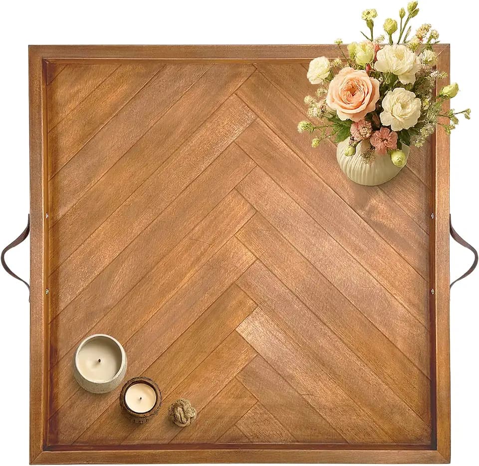Large Square Ottoman Tray 24.5"x24.5", Wooden Ottoman Trays with Leather Handles, Rustic Decorative Storage Tray for Ottoman