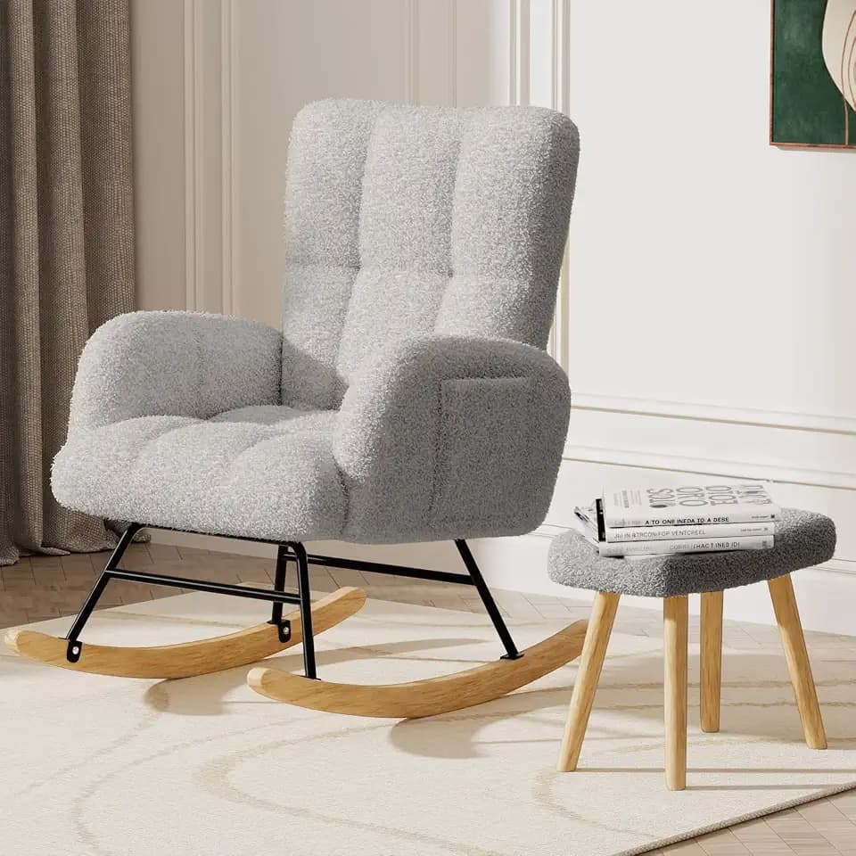 LUCKLIFE Rocking Chair Nursery with Ottoman,Teddy Upholstered Glider Rocker