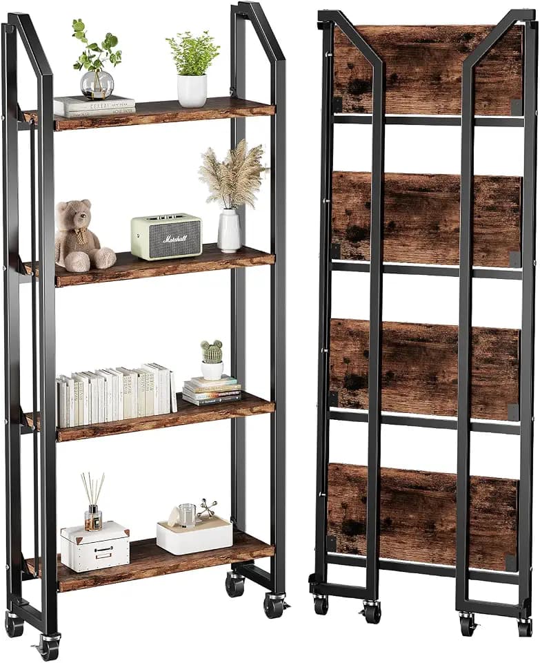 No Assembly Folding Bookshelf for Living Room, 4 Tier Collapsible Book Shelf for Home Office, Portable Bookcase Storage Organizer