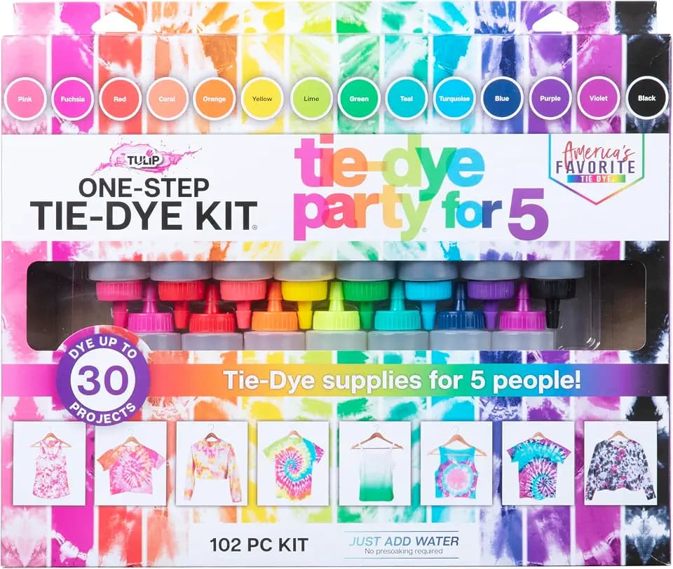 Tulip One-Step Tie-Dye Kit Party for 5, Large Party Activity, Arts & Crafts Gift, Vibrant Colors, Permanent Fabric Dye, Easy Clean-up, 8 Fun Techniques Included, 15 Prefilled Full Size Bottles