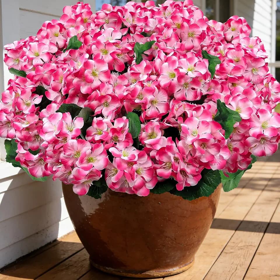 12 Bundles Artificial Geranium Flowers for Outdoors UV Resistant Red Silk Fake Geranium Plant Faux Floral for Front Porch Planter Balcony Patio Garden Home Indoor Decoration (Pink 12)