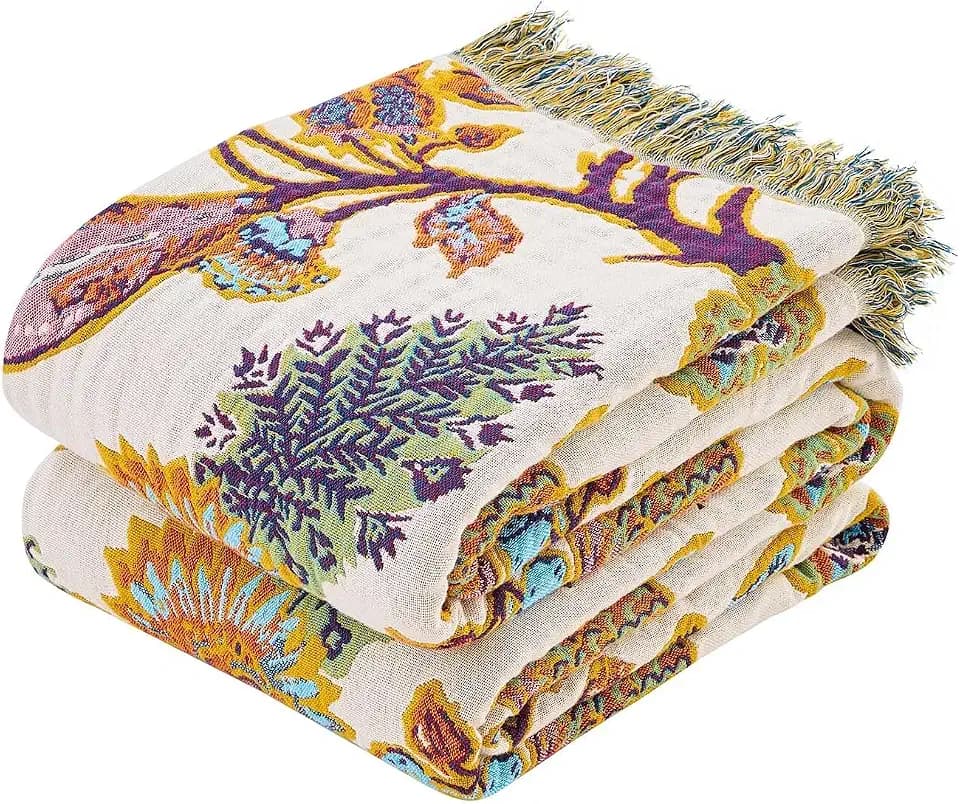 XIBLC Boho Throw Blanket for Bed, 100% Cotton Soft Rustic Quilt Fall Blanket, 60"x80" Floral Printed Farmhouse Decor Bed Blankets, All Season Rustic Reversible Bohemian Throw Quilt