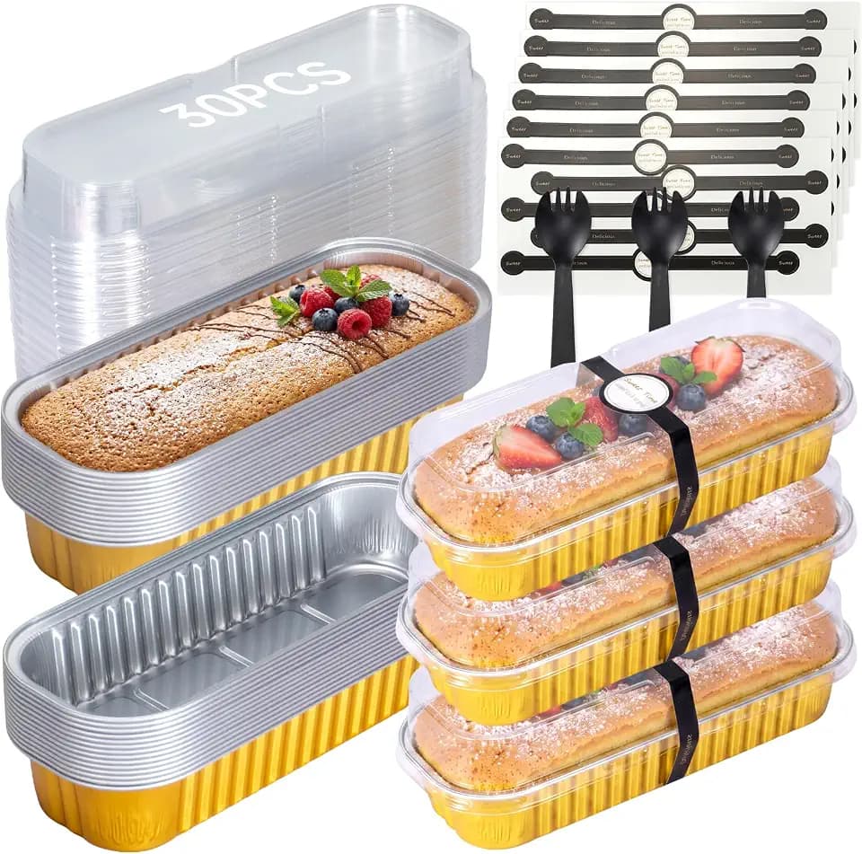 30 Pack Mini Loaf Cake Pan with Lids and Spoons, 6.8oz Small Disposable Aluminum Cake Tin Foil Pans, Rectangular Mini Loaf Bread Pans with Lids for Baking,Party,Picnics,Holidays (Gold)