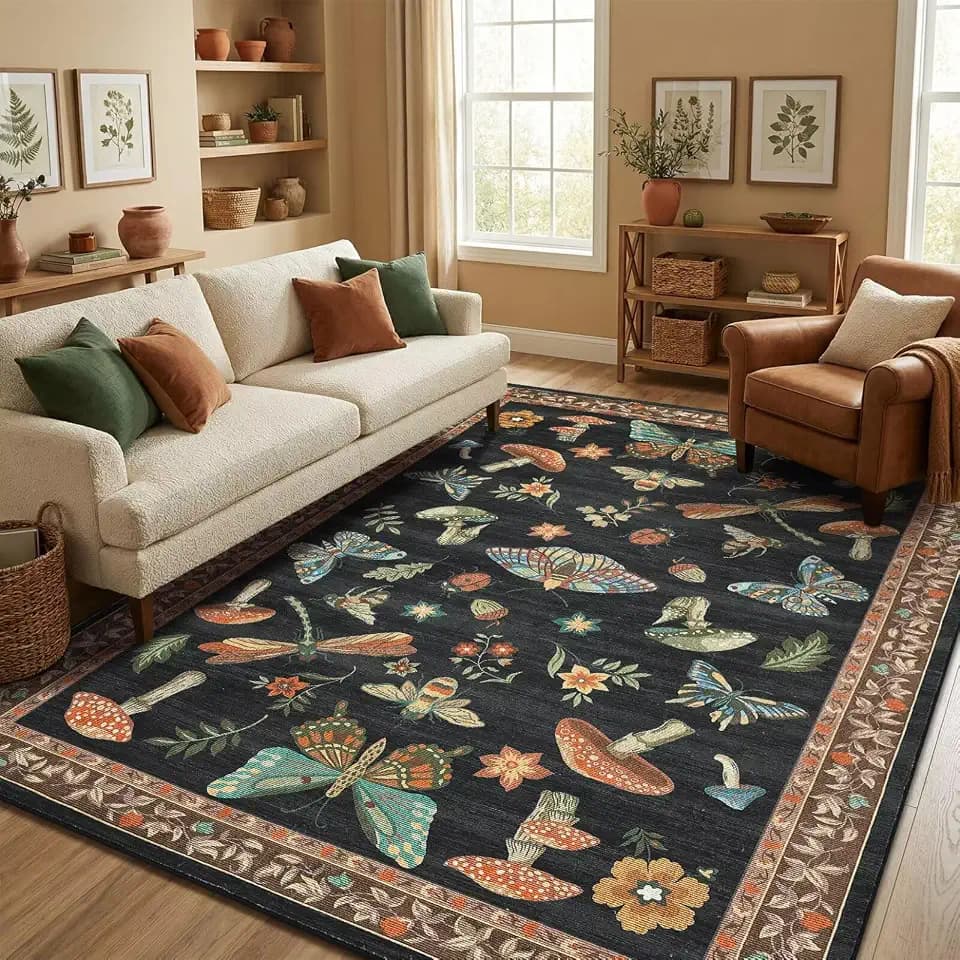 ROYHOME Mushroom Insect Washable Rug 5x7 for Bedroom Living Room Black Brown