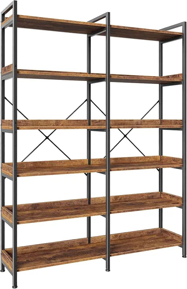 Huuger 6 Tier Bookshelf with 12 Open Shelves and Raised Baffle, Rustic Brown