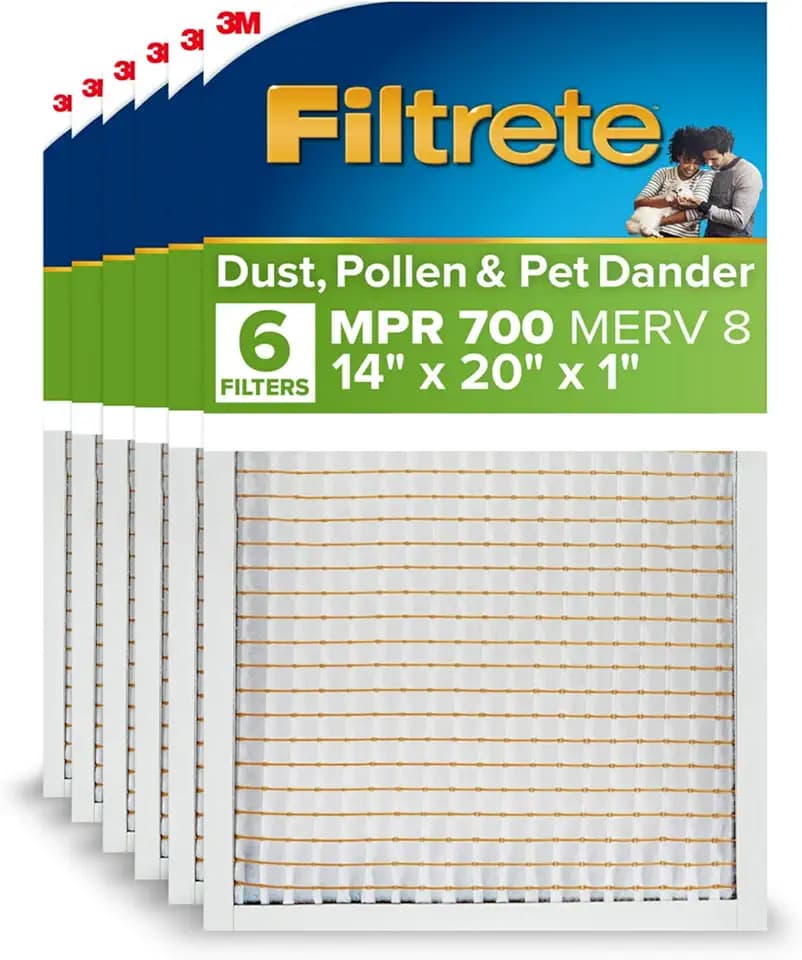 Filtrete 14x20x1 AC Furnace Air Filter, MPR 700, MERV 8, Tough on Pollen, Easy on Airflow, 3-Month Pleated 1-Inch Electrostatic Air Cleaning Filter, 6-Pack (Actual Size 13.68 x 19.68 x 0.78 in)