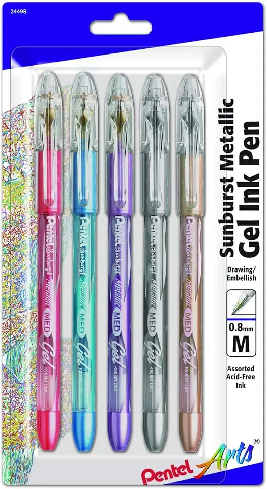 Pentel Arts Sunburst Metallic Gel Pen, Medium Line, Permanent, 5 Pack, Assorted Ink (K908MBP5)
