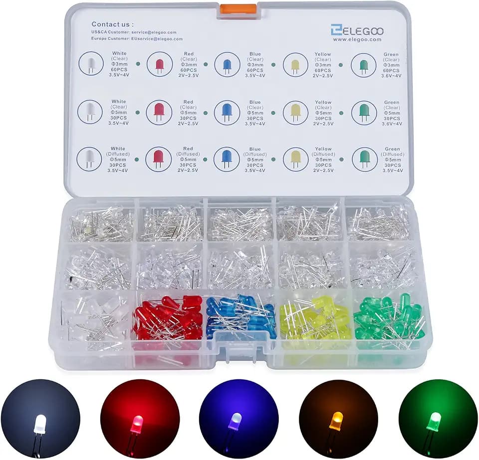 ELEGOO 3mm and 5mm Diffused and Clear Assorted LED Kit 5 Colors Compatible with Arduino (Pack of 600)